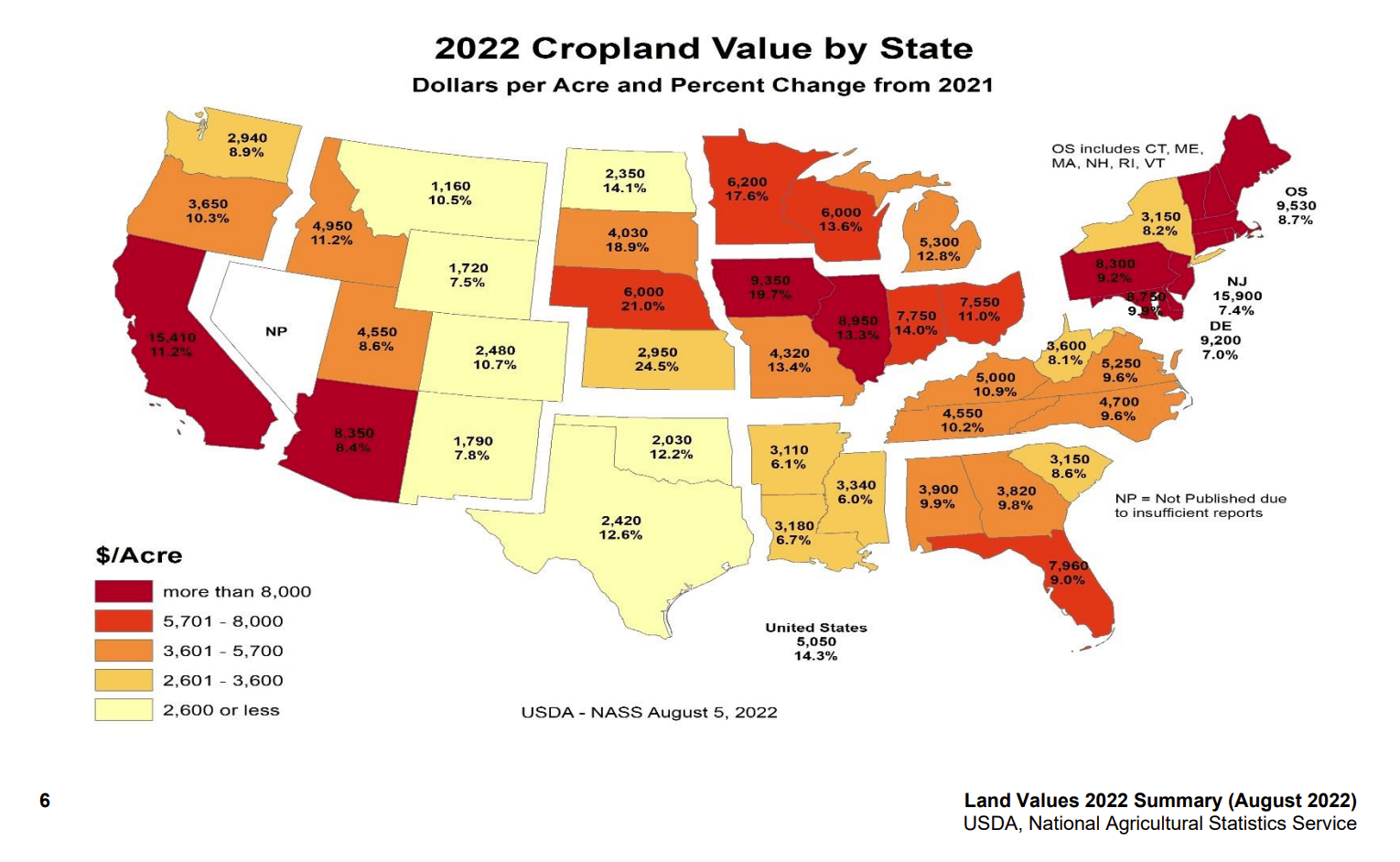 Map of 2022 cropland values per acre