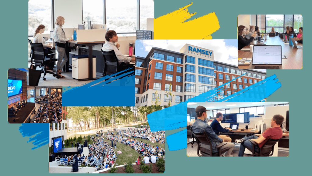 Ramsey Solutions headquarters in Franklin, Tennessee With Works Behind Desks