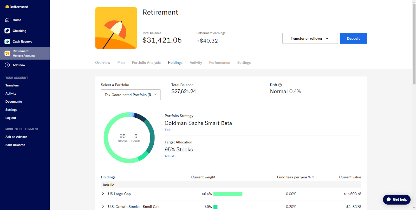 Betterment retirement tab