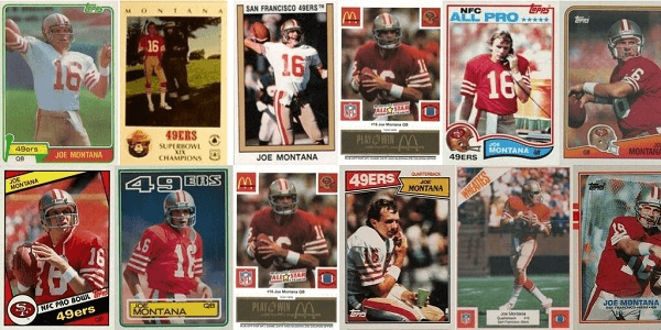 A collage of Joe Montana sports cards