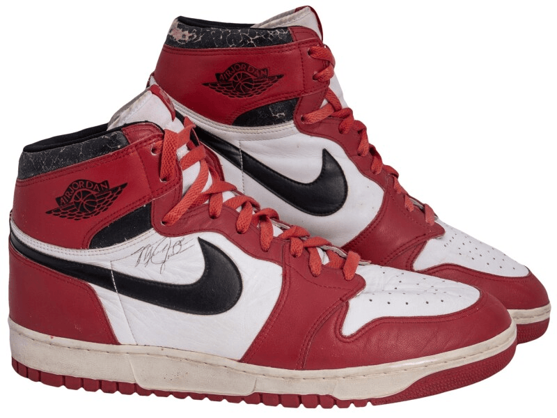 red and white Air Jordans worn by Jordan during the 1985-86 season