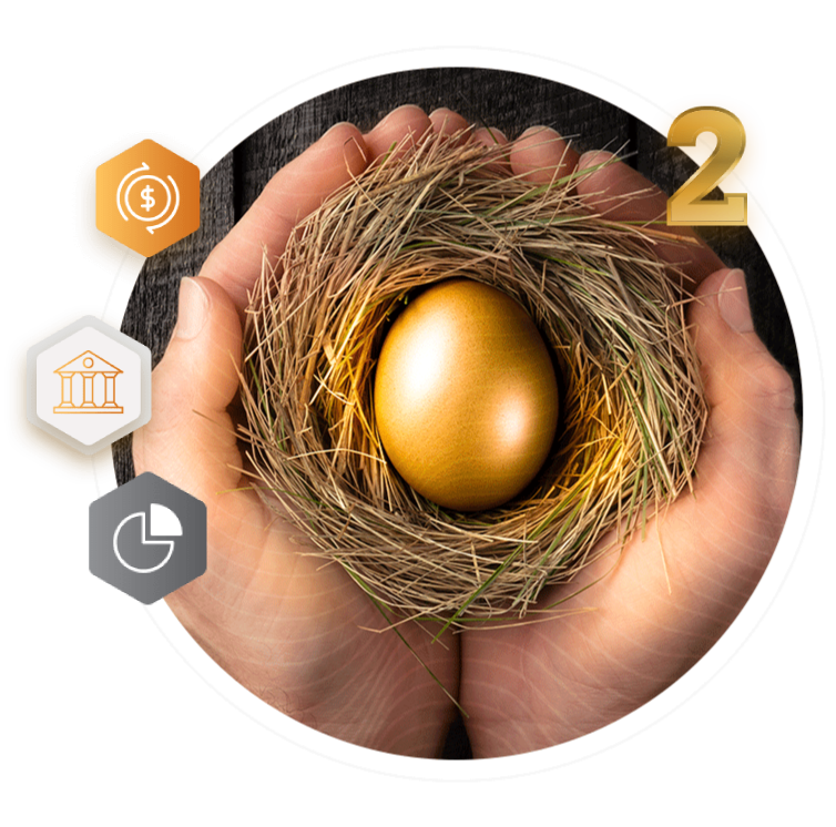 Gold egg in a nest with graphics related to opening an IRA