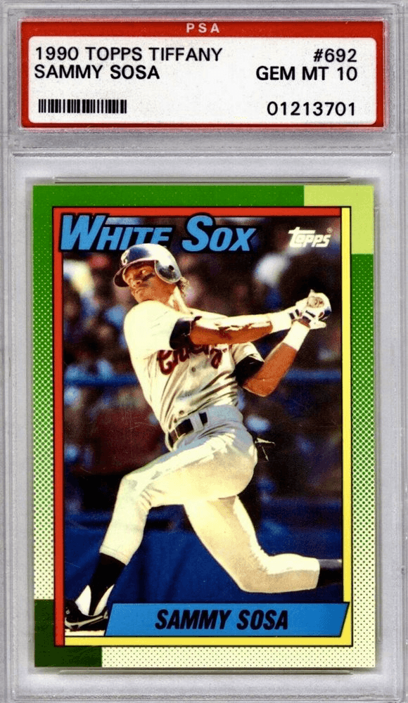 A 1990 Topps Tiffany featuring Sosa in his Chicago White Sox uniform