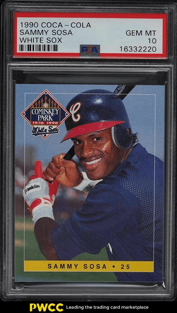 A 1990 Coca-Cola Sammy Sosa rookie card rated PSA Gem Mint 10